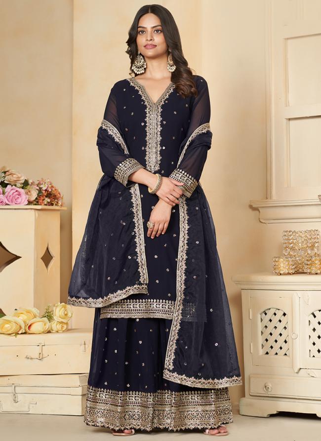 Faux Georgette Navy Blue Party Wear Embroidery Work Readymade Salwar Suit
